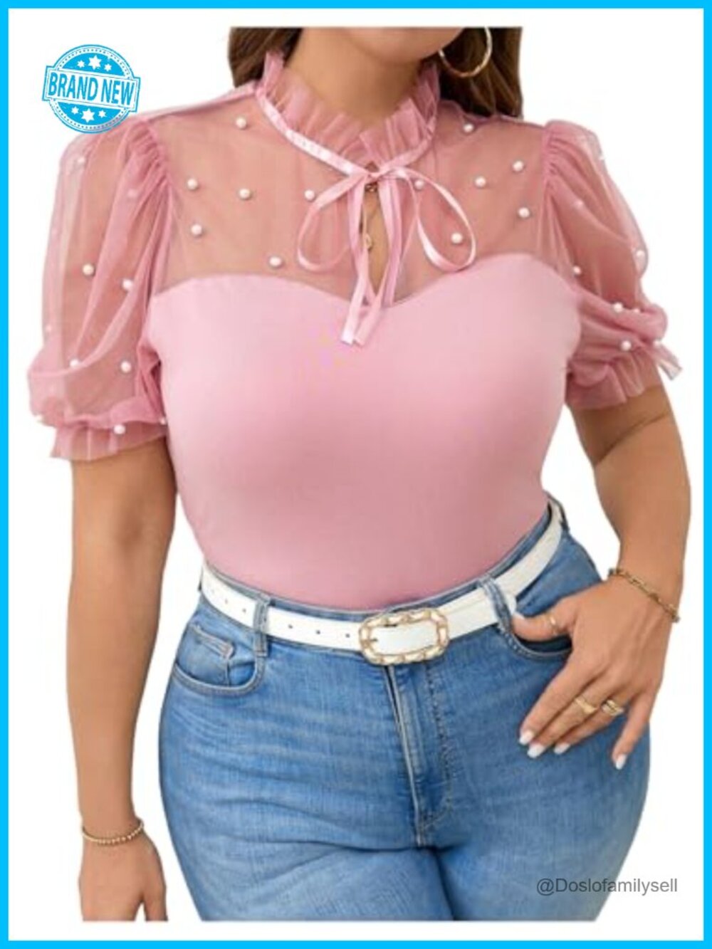 Plus Size Sheer Mesh Blouse Puff Short Sleeve Pearl Tie Neck Top